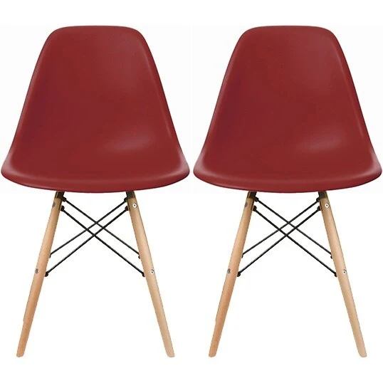 Set of 2 Mid-Century Modern Dining Chairs Armless Plastic Shell Seat with Natural Wooden Eiffel Leg Base, Red