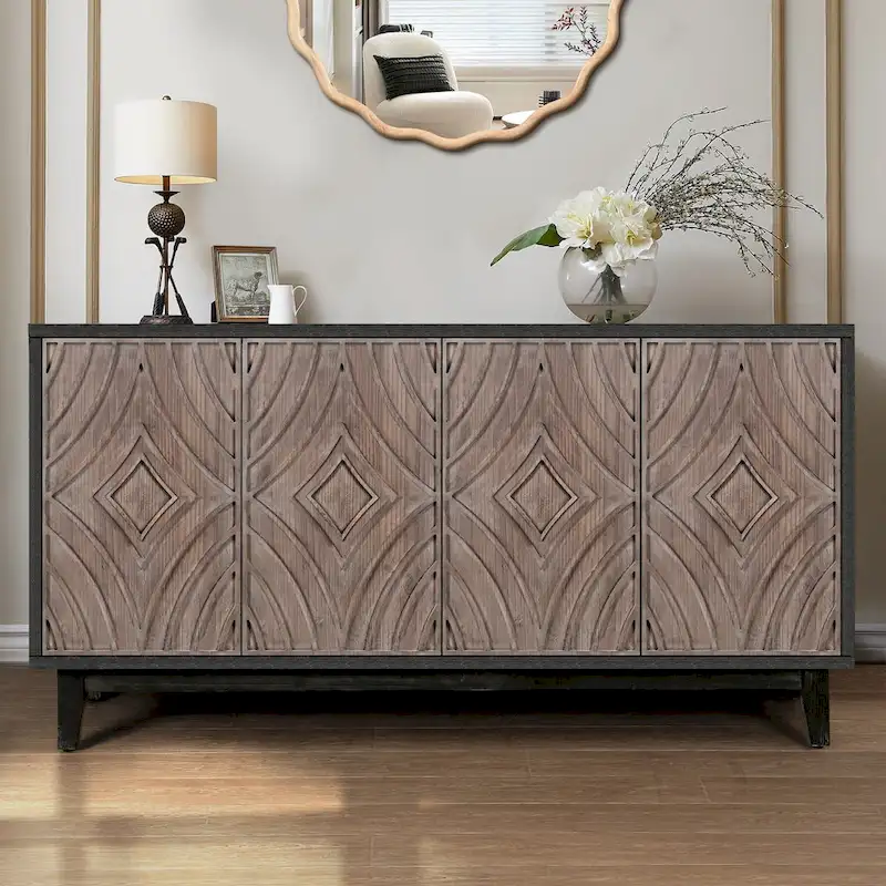 Sideboard Buffet Cabinet with Solid Wood Legs 60 Cabinet with 4 Convex pattern diamond Doors and 2 Shelves