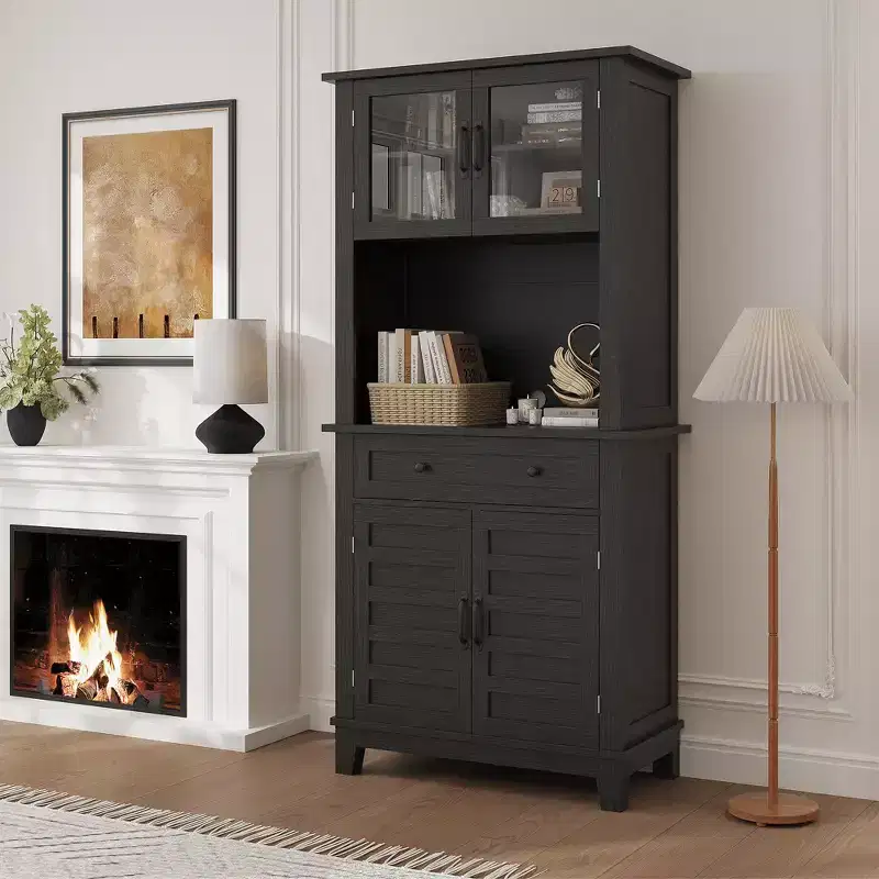 COZONY 72 Tall Kitchen Pantry Cabinet with Glass Doors & Drawer, Adjustable Shelves, Modern Bar & Storage Cabinet for Dining & Living Room