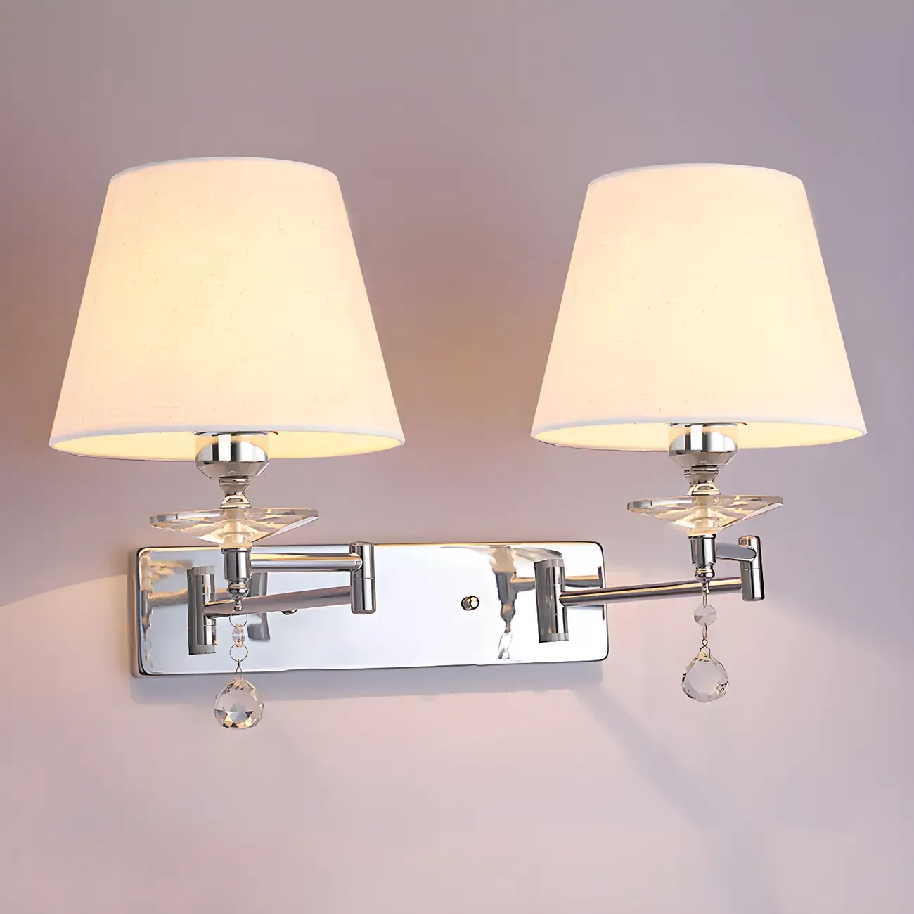 2-Light Silver Swing Arm Fabric Shade Wall Light