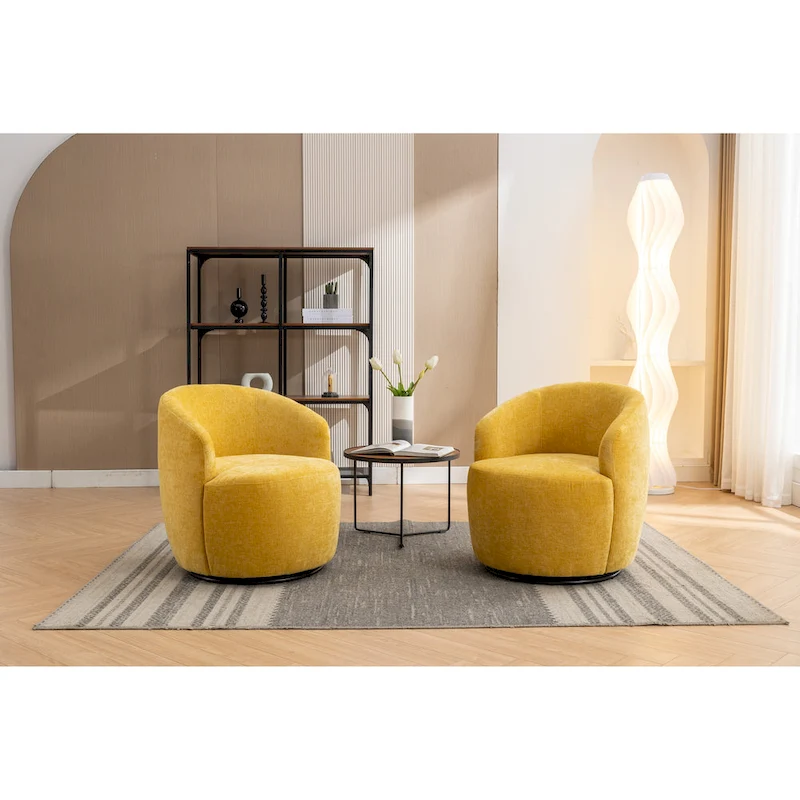 Yellow Chenille Modern 25.6 Swivel Barrel Chair with Metal Ring