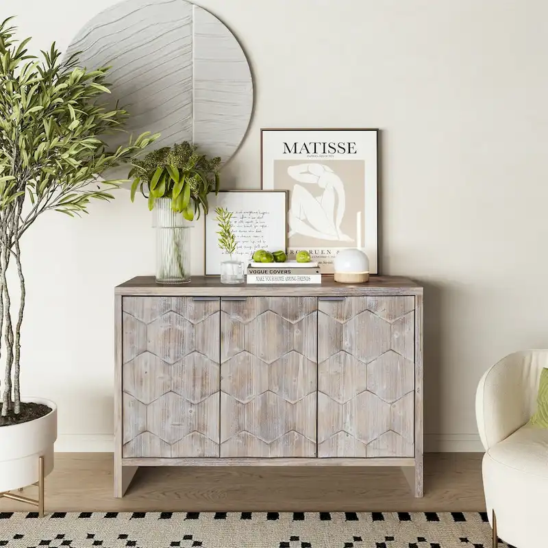 Natural Wood 3-Door Sideboard Cabinet with Fluted Doors