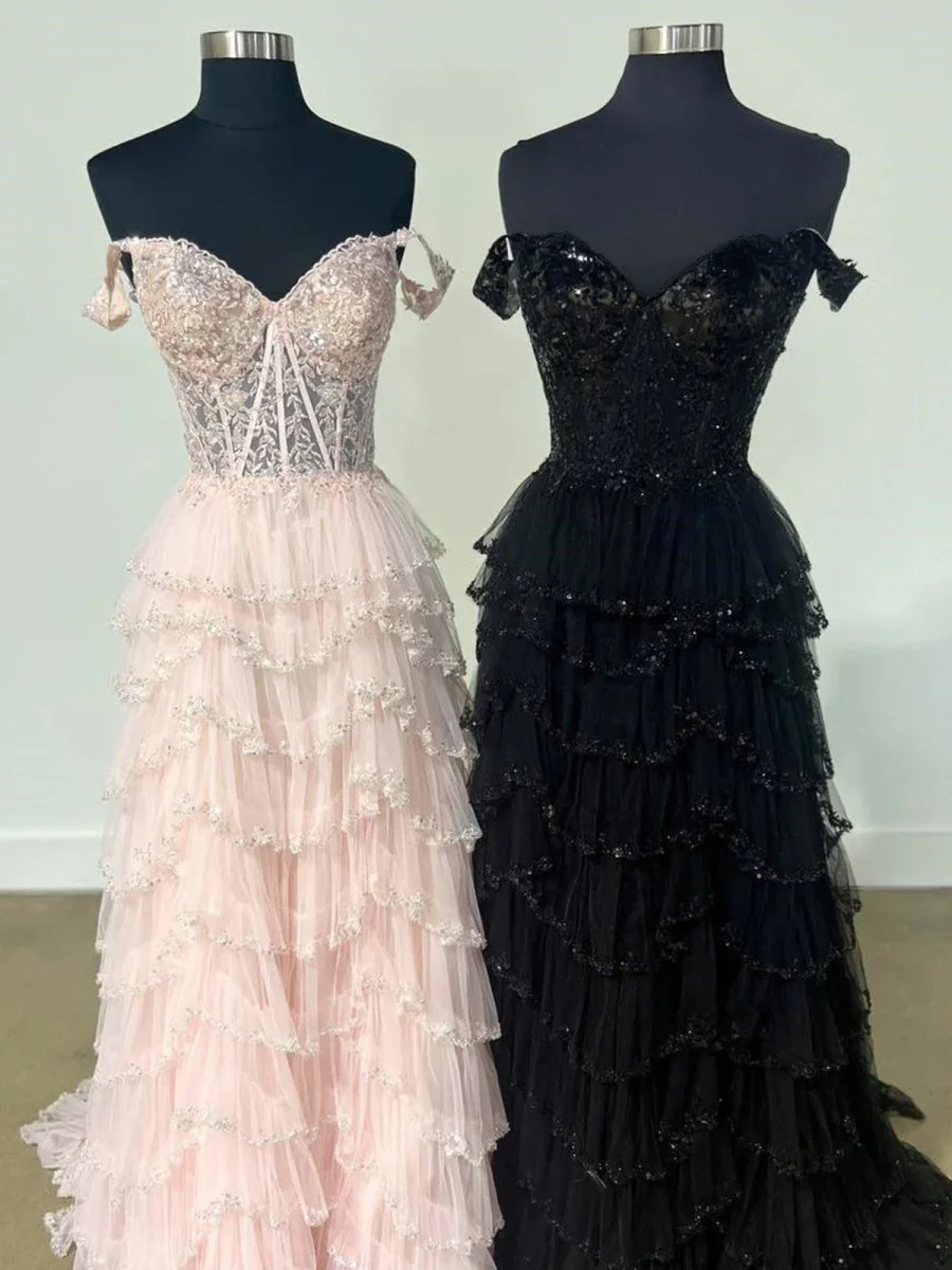 A-Line Sweetheart Champagne Tulle Prom Dresses with Appliques