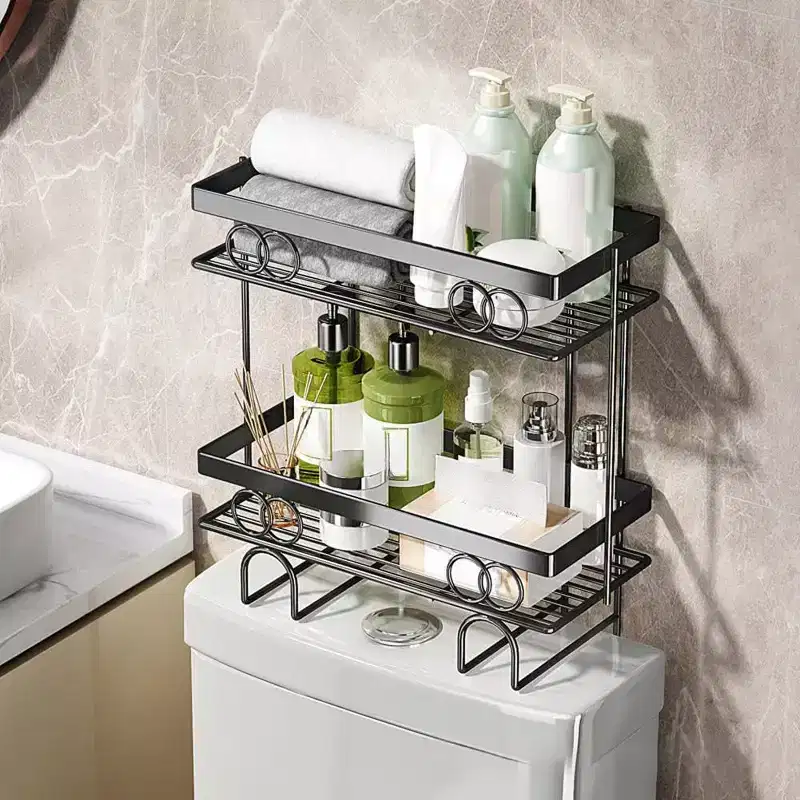 Black Over-Toilet Shelf  Punching-Free Wall-Mounted Layer Bathroom Storage (Space-Saving Design)