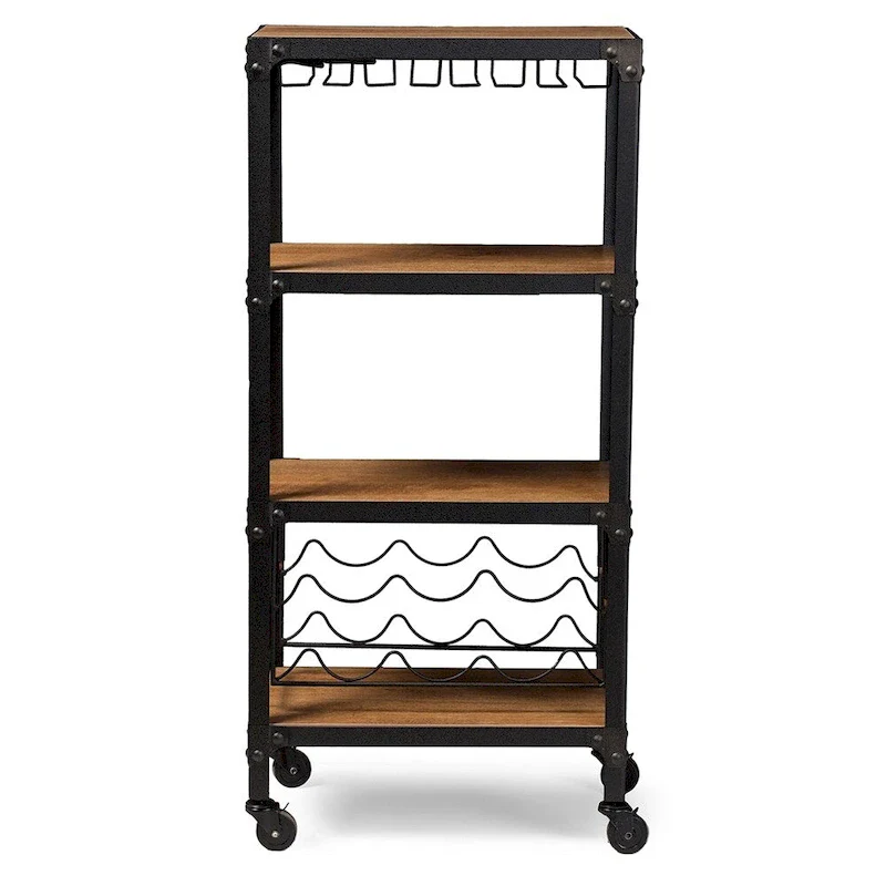 Rustic Industrial Style Antique Black Textured Finish Metal Distressed Wood Mobile Kitchen Bar Wine Storage Shelf