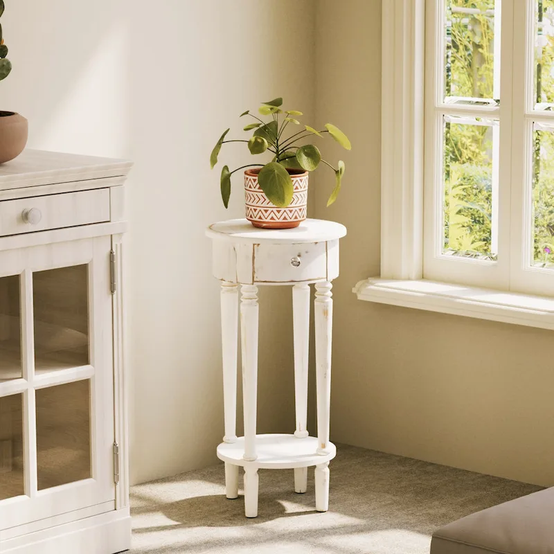White Distressed Round Tall Telephone Stand Table