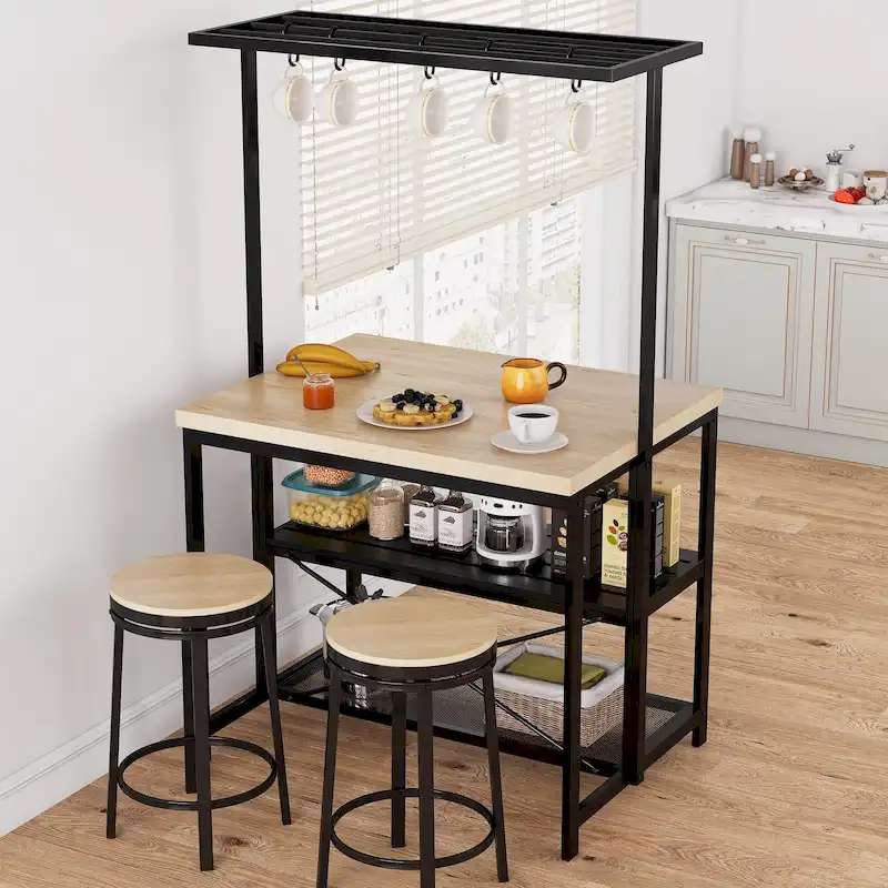 Natural/Brown/Beige Two-Tone Kitchen Island with 3-Tier Shelves & 5 Hooks for 4