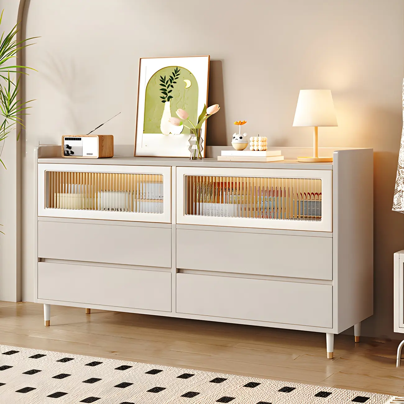 Elegant White Wooden Double Dresser with Cabinets & Drawers