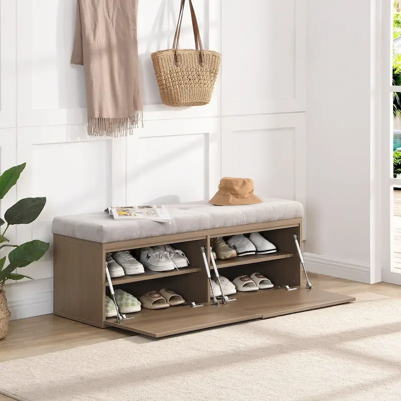 Shoe Storage Bench Entryway Shoe Cabinet Storage Ottoman with Padded Seat Cushion and Double Doors for Entryway