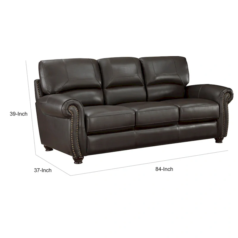 Kia 84 Inch Sofa, Dark Brown Top Grain and Faux Leather, Solid Wood