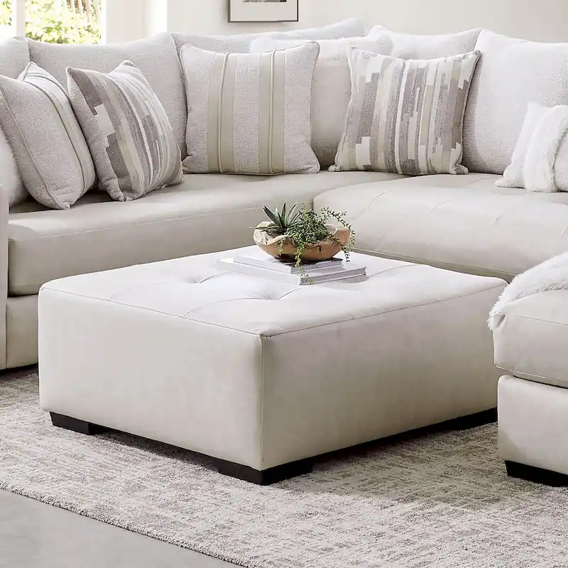 Kedi Transitional Ivory Faux Leather Button Tufted Ottoman by Furniture of America