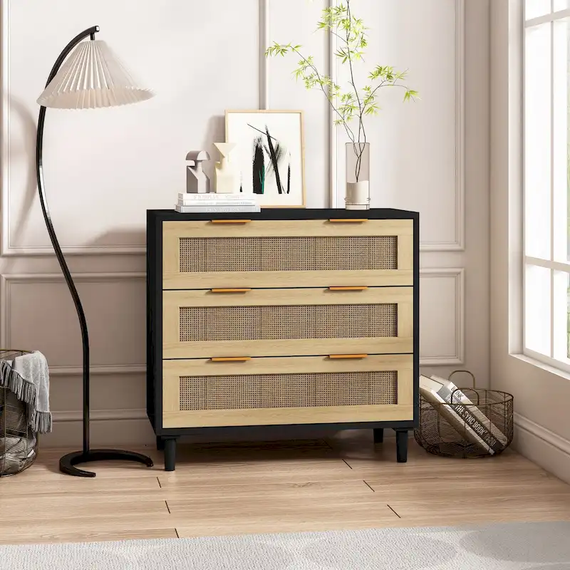 Black 3-Drawer Rattan Storage Dresser, Single
