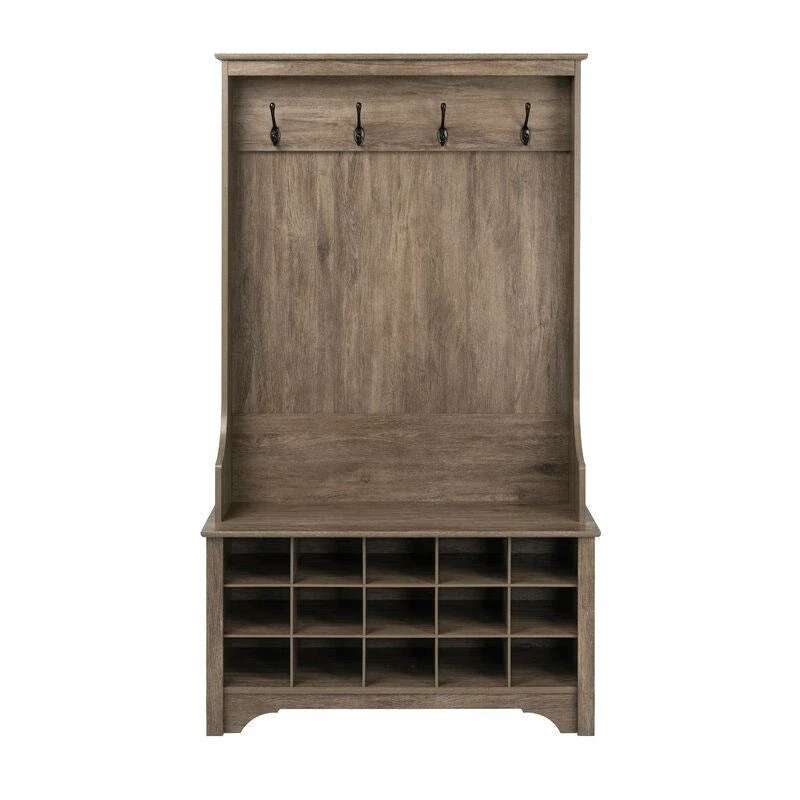 Grey Entryway Hall Tree Shoe Cubbie Coat Rack - 68 H x 38 W x 15.5 D