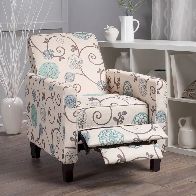 Light Beige & Blue Floral Recliner Club Chair, Single Seat