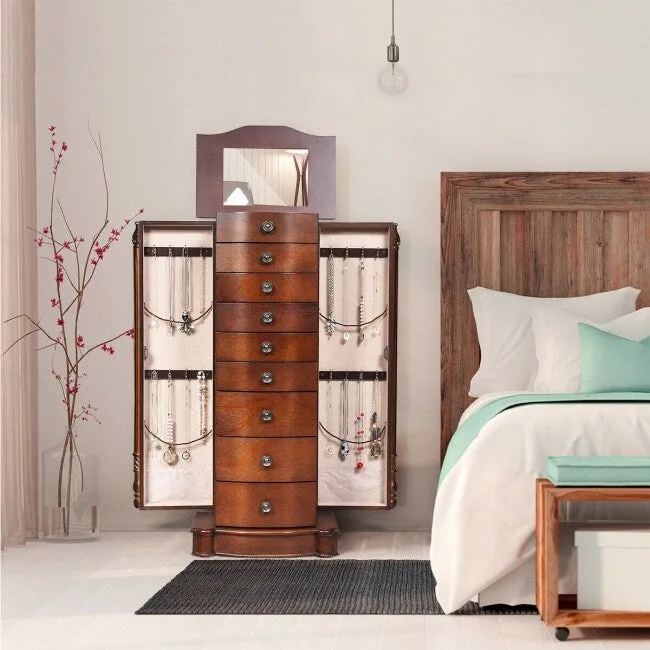 Large Wooden Jewelry Storage Box Organizer with 8 Drawers, 2 Doors & 16 Hooks – Walnut MDF