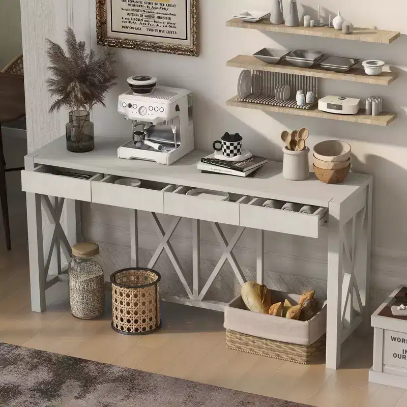 Vintage Console Table with Drawers, Farmhouse Entryway Table with Storage, Acacia Wood Sofa Table with Open Bottom Storage