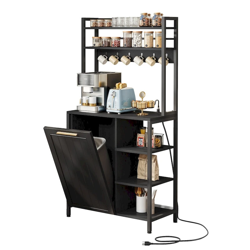 Moasis 6 Tier Kitchen Bakers Rack with Storage Shelves, Kitchen Organizer with Trash Can Bin Cabinet