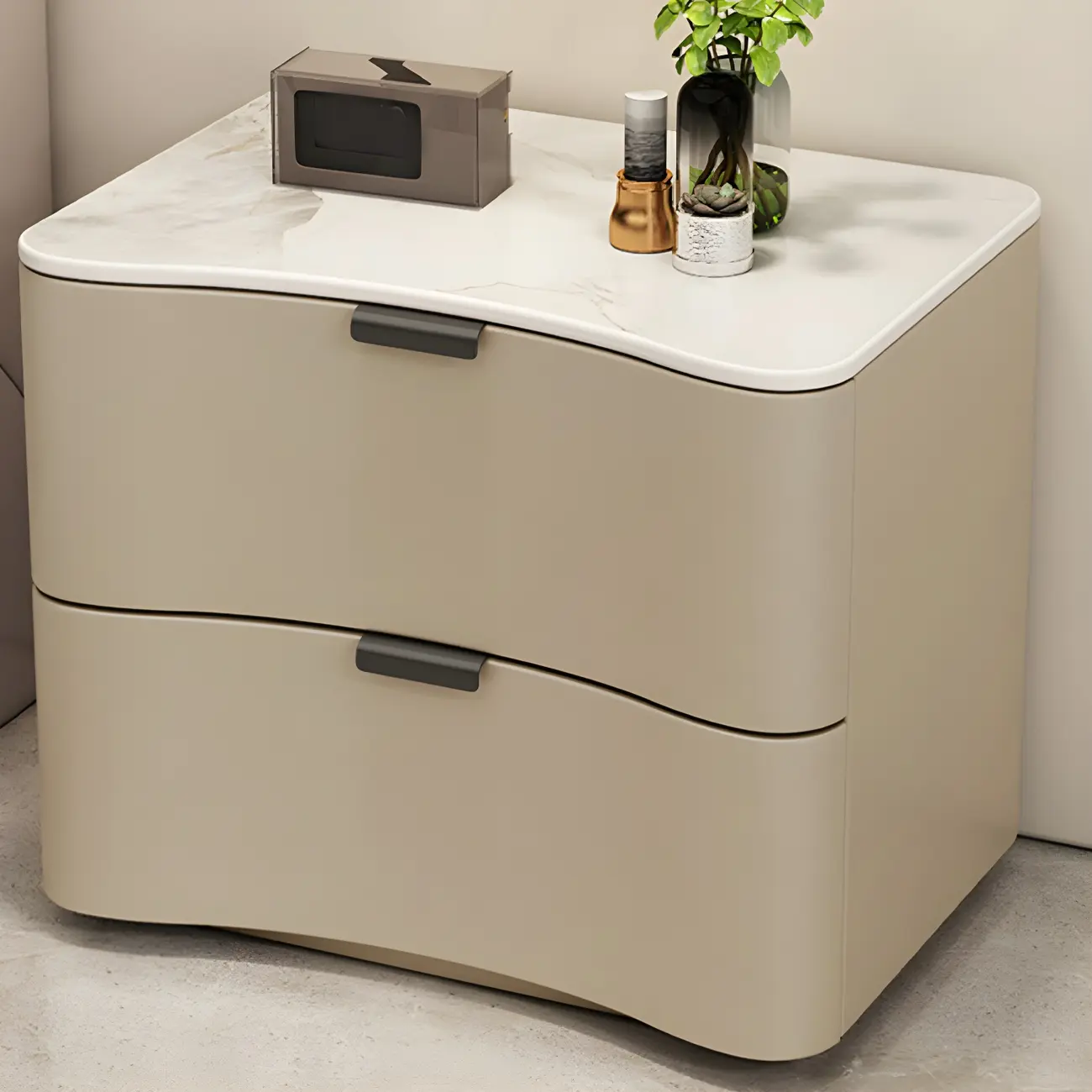 Modern Waved Stone Top Leather 2-Drawer Nightstand