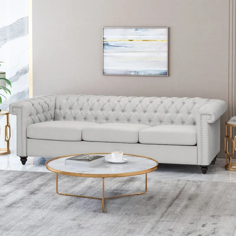 Pebble Gray & Dark Brown Chesterfield Sofa, 3-Seater