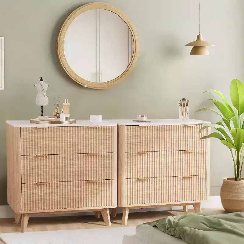 COZONY Modern Nightstands Set of 2, Fluted Bedside Tables with Faux Marble Top and 3 Drawers for Bedroom and Living Room