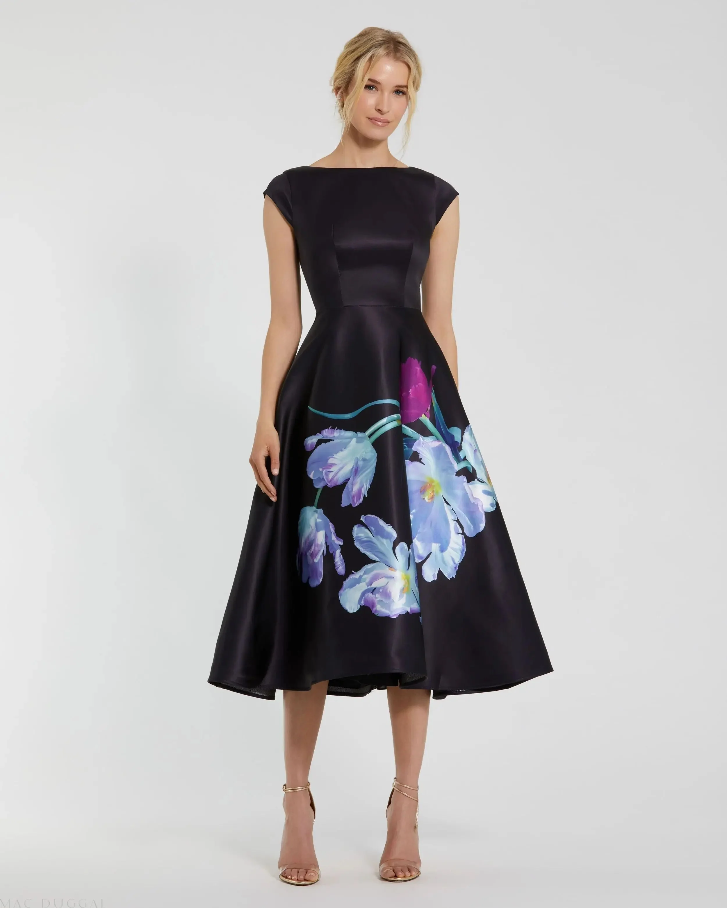 Black Satin Cap Sleeve Midi Dress With Floral Print