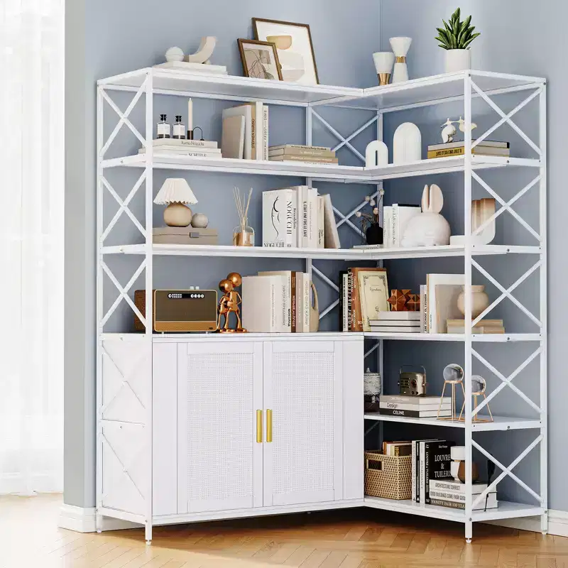 L-Shaped Modern Corner White Bookcase, 6-Layer Corner Open Bookcase, Modern Industrial Style Bookcase for Office, Living Room, Kitchen, White