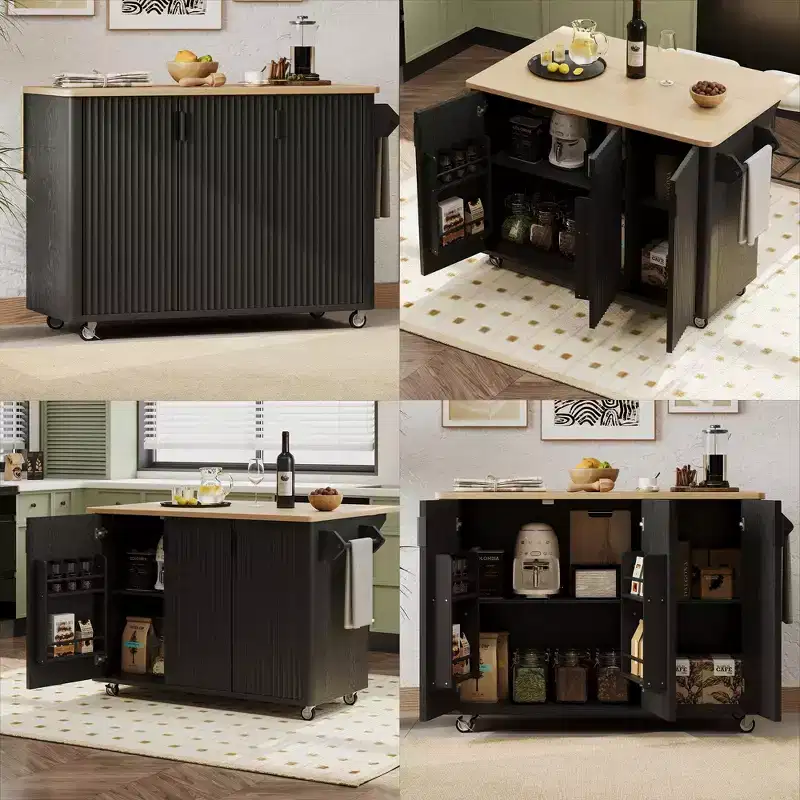 Rolling Solid Wood Kitchen Island with Rubberwood Top, 3 Drawers, 2 Cabinets, Adjustable Shelves, Spice Rack & Locking Wheels  Painted Finish