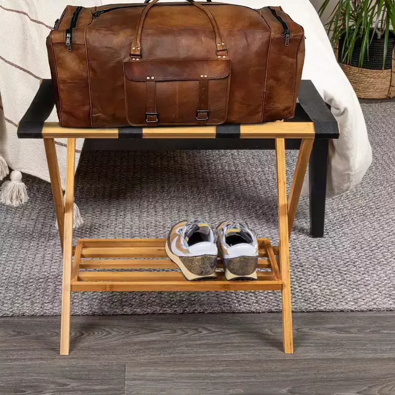 Fully Assembled Folding Luggage Rack with Lower Storage Shelf | Bamboo Frame with Black Straps