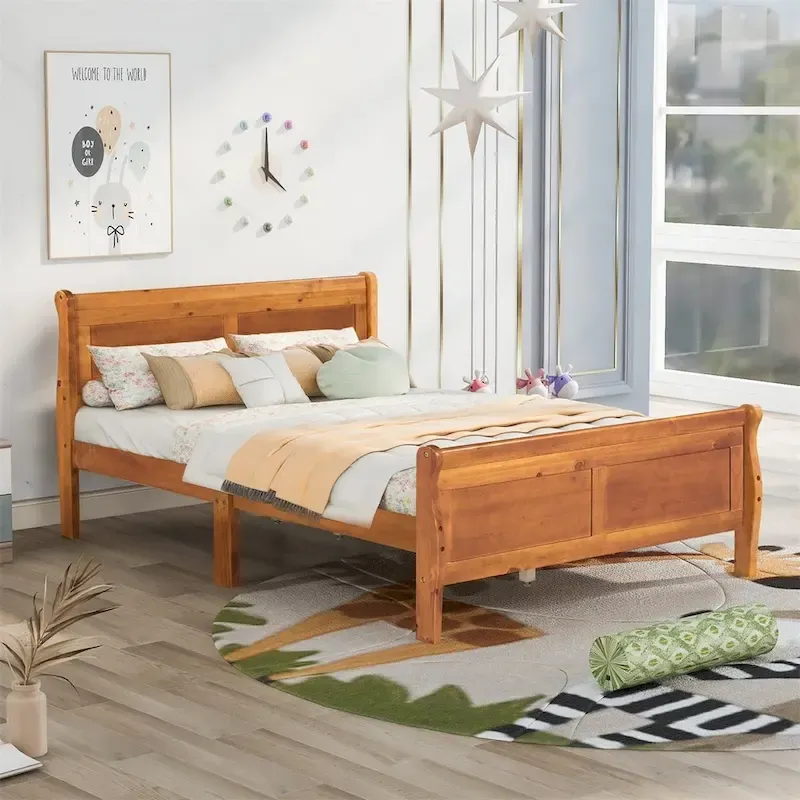 Wood Twin Sleigh Bed with Headboard and Footboard