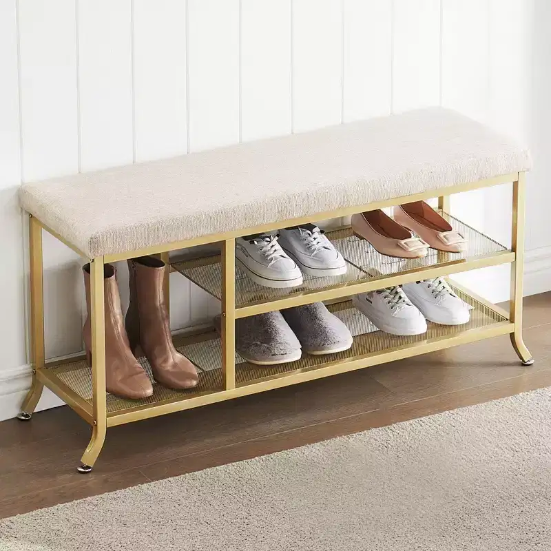 Shoe Rack Bench, 2 Tier Metal Storage Bench, Adjustable Shelf Entryway, Metal Shoe Rack Organizer with Cushion, Golden