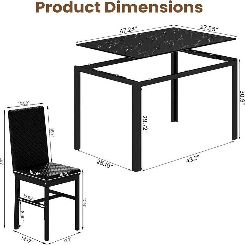 Modern Dining Room Table with Tempered Glass Tabletop and Diamond Stitching PU Leather Chairs