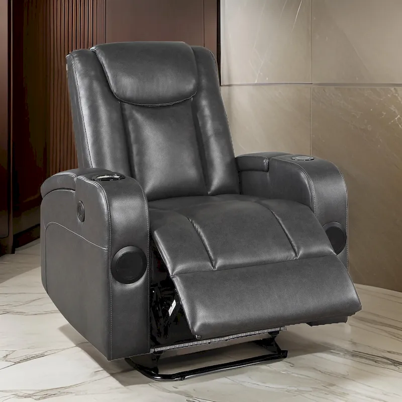 Emily 38 Inch Power Recliner Chair, Cooling Cupholder, LED, Gray PU Leather