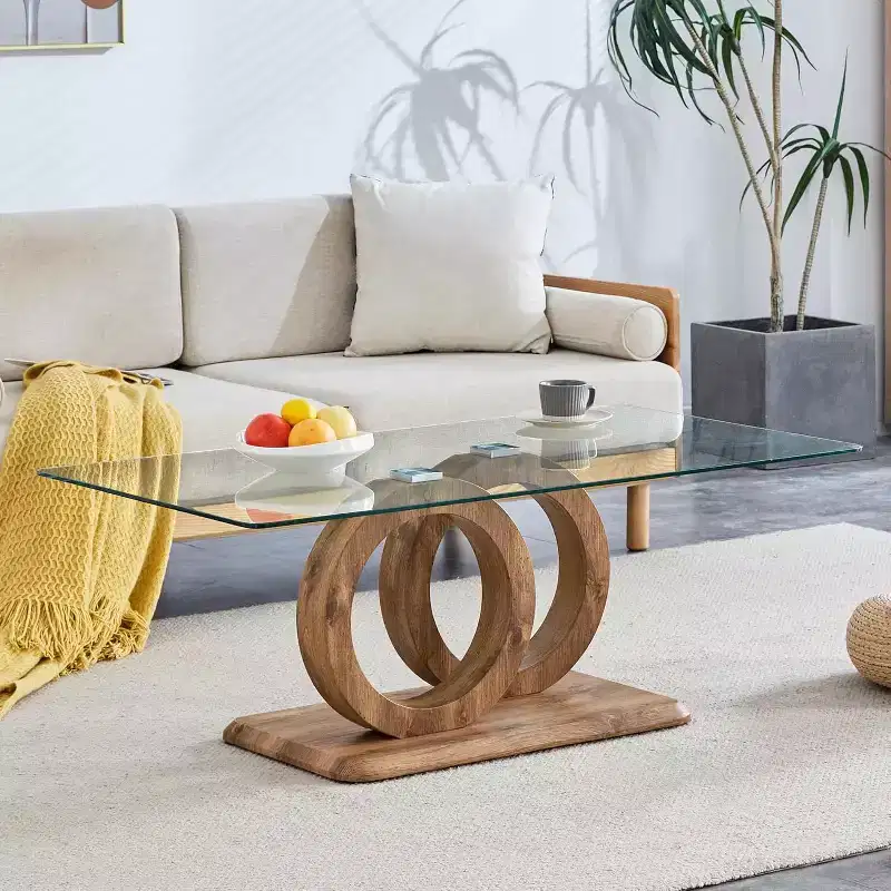Glass Coffee Table for Living Room, Center Table, Living Room Table with Clear Tempered Glass Top and Steady Wood Color OO Shaped Base