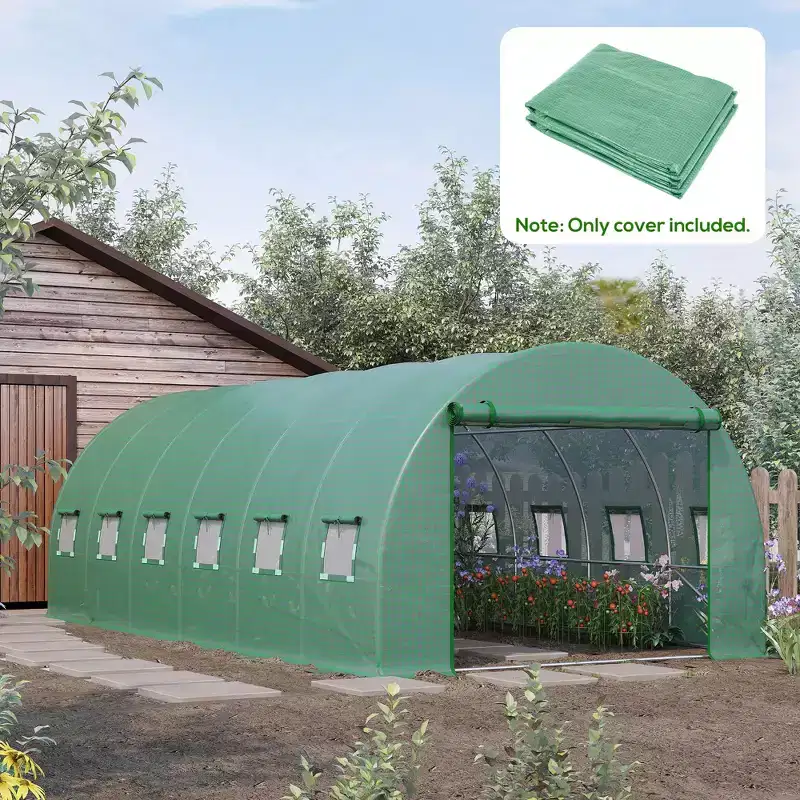 Plastic Greenhouse Cover Replacement, Heavy Duty Waterproof Tarp for Hoop House, Sheeting with 12 Windows, Door & Grid