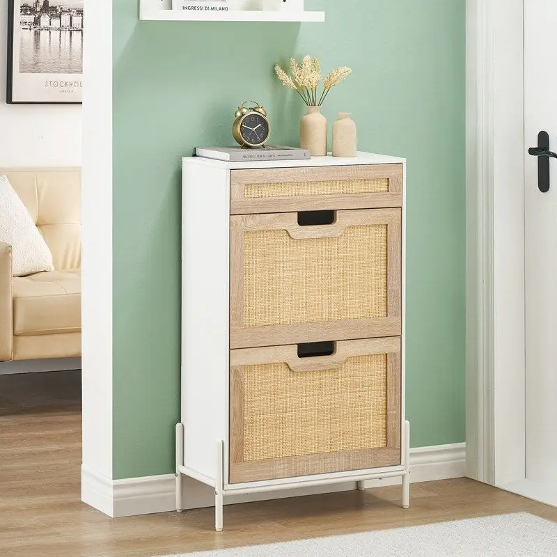Modern Black Shoe Cabinet with 2 Flip Doors, Top Drawer & Rattan Design – Entryway Storage