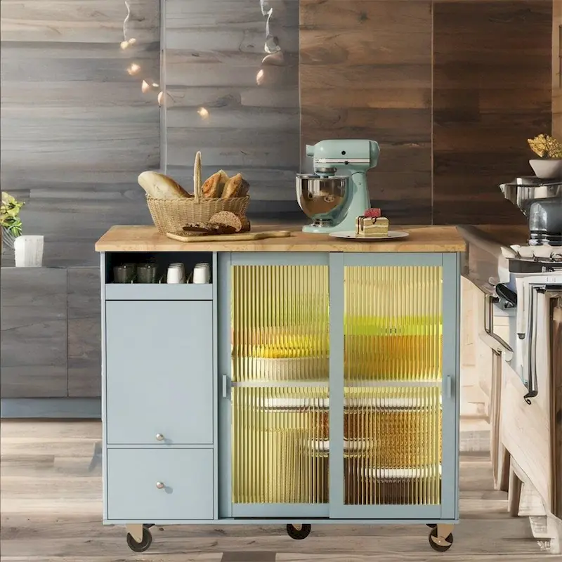 Kitchen Island with Drop Leaf,LED Light Kitchen Cart on Wheels