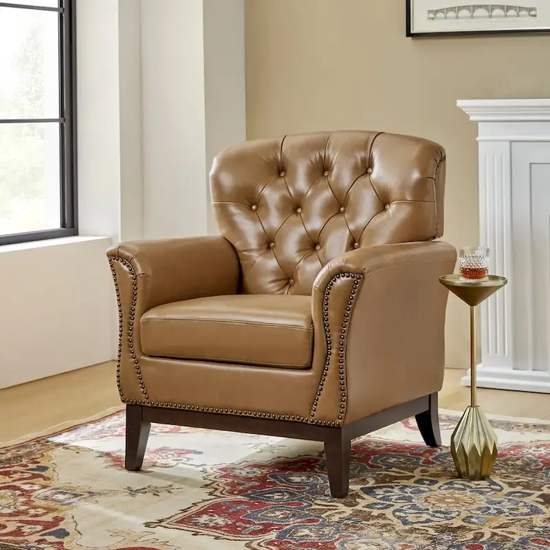 Burt Traditional Genuine Leather Accent Chair with Tufted Wing Back