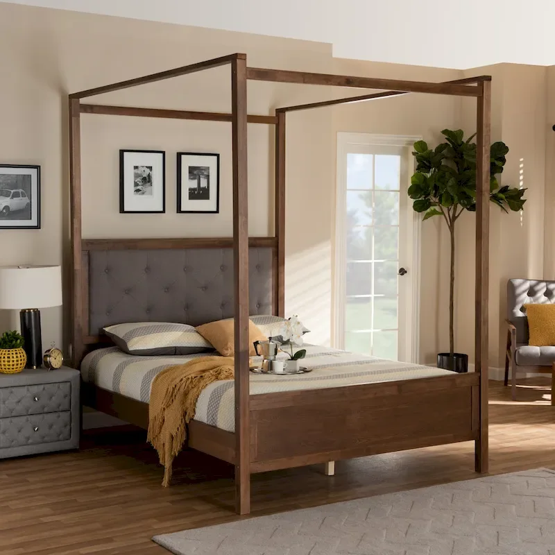 Grey & Walnut Brown Upholstered Platform Canopy Bed – Queen/King