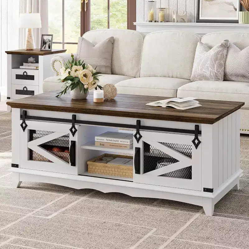 Acekool White Modern Coffee Table with 2 Handle-Free Drawers, Metal Legs & Open Back Shelf  Rectangle Center Table for Living Room, Easy Assembly