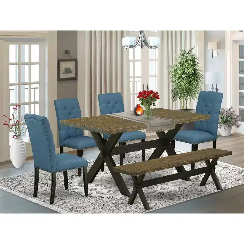 6-Piece Rectangle Distressed Jacobean Finish Solid Wood Top Dining Table with 1-Bench, 4-Chairs with