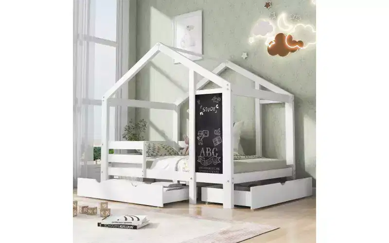 House Bed Frame With Roof, Twin Size Floor Beds, Fun Playhouse Bed Frames With Blackboard And Drawers, 2 Assembly Options For Toddlers Home Bedroom