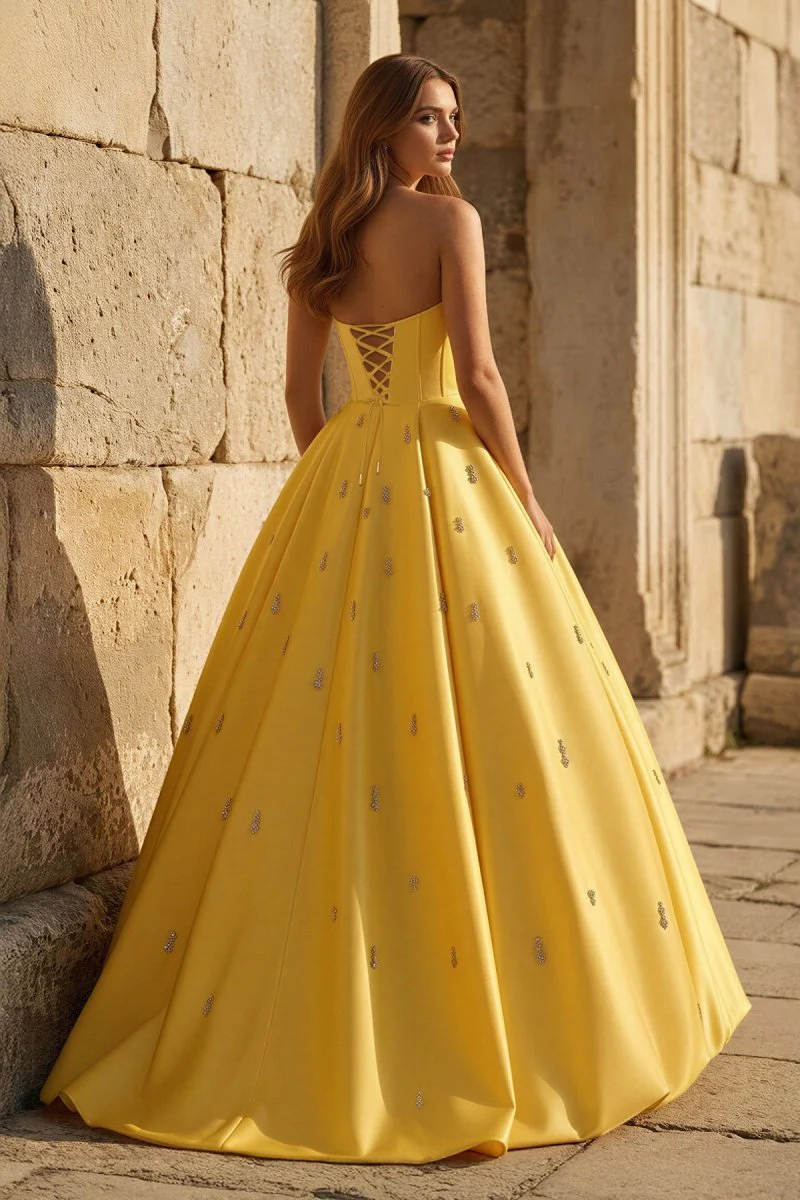 Yellow Strapless A Line Satin Long Prom Dresses With Beading