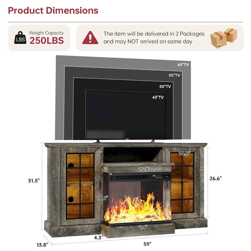 59 Fireplace TV Stand with 3-Sided Glass Electric Fireplace