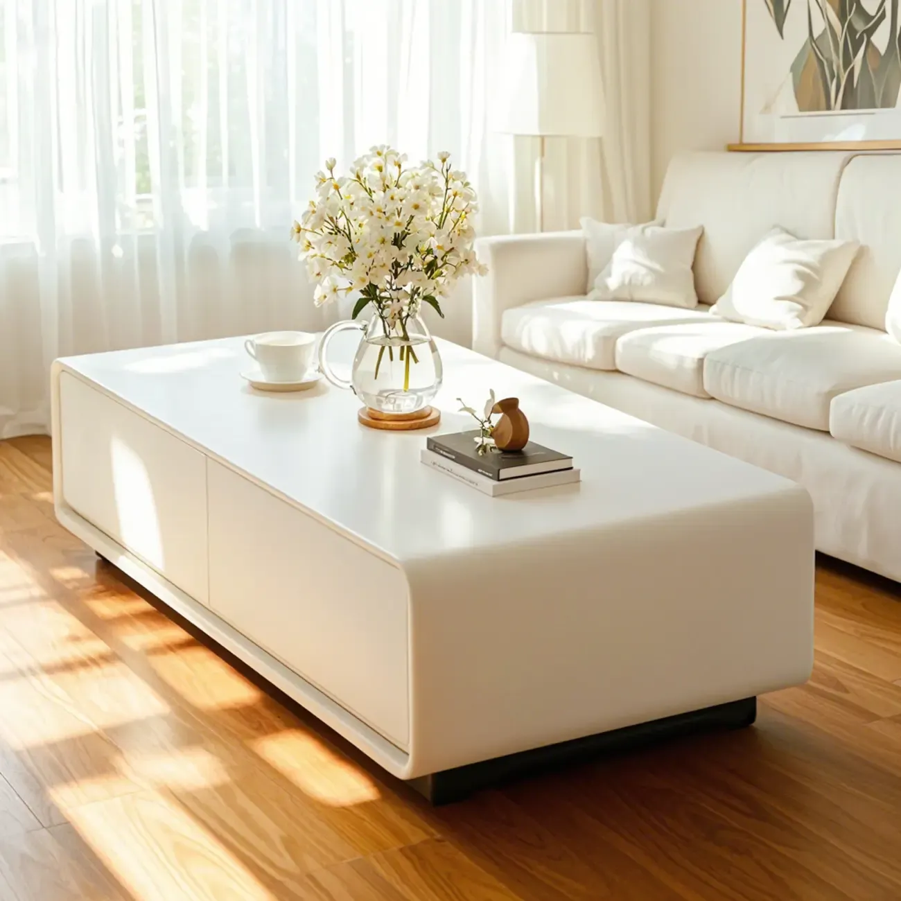 Chic Minimalist Rectangular White Coffee Table with 4 Drawers