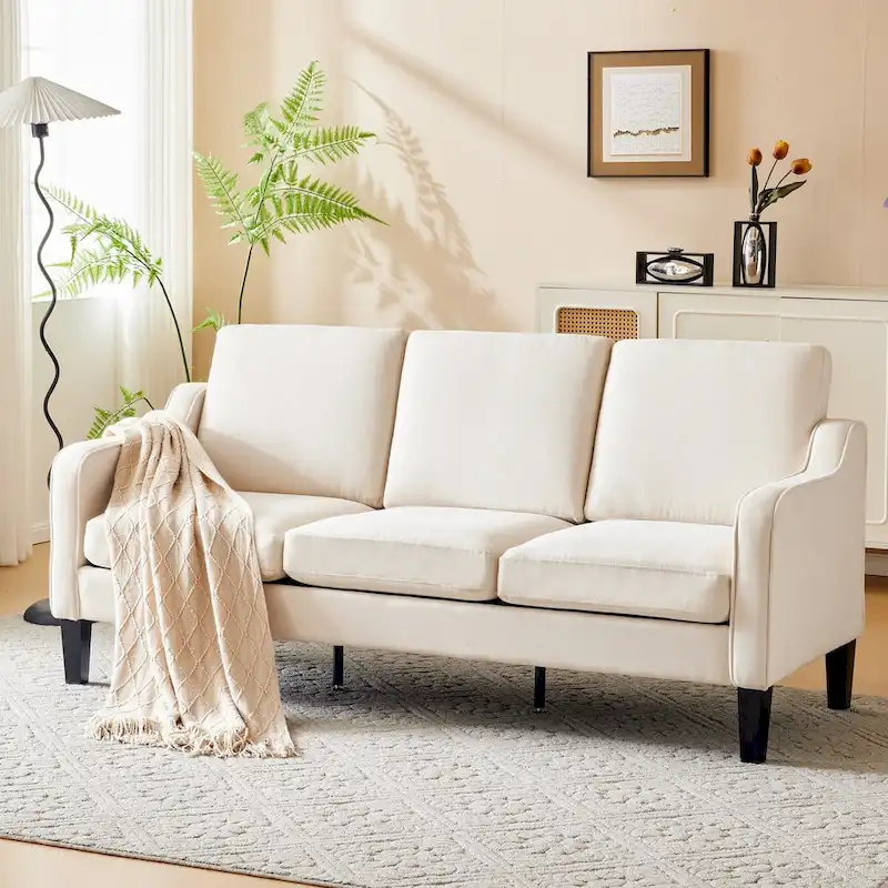 3 Seat Sofa, 72 Sofa Couch for Living Room, Modern Fabric Couch with 4 Wood Legs, 2 Metal Support Rods for Bedroom
