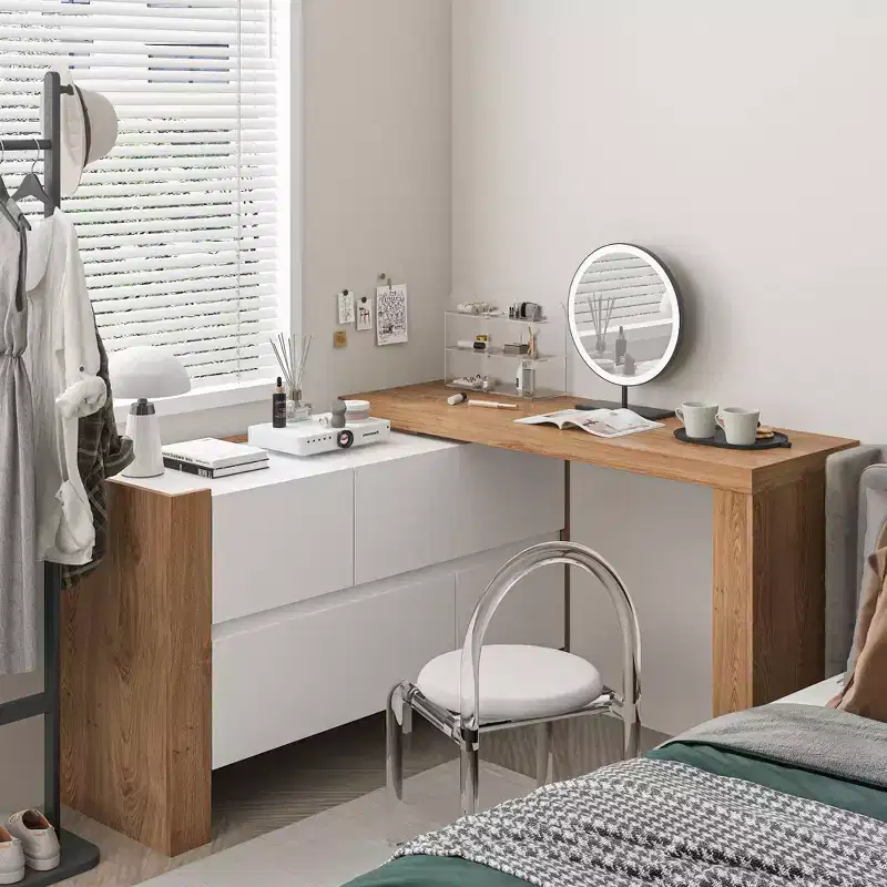 Famapy Brown and White Rotatable Make up Vanity Table With Storage Drawers