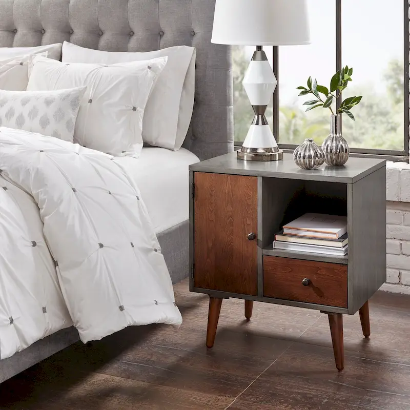 Grey Storage Nightstand with Drawer and Open Shelf