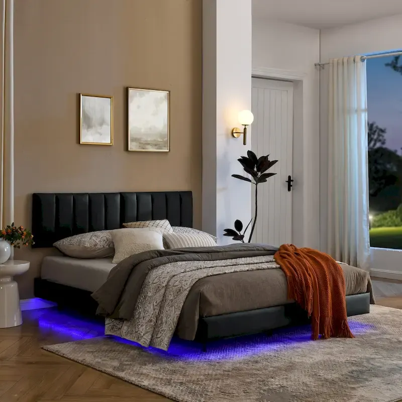 Floating Bed Frame With Led Lights And Wall Mounted Headboard