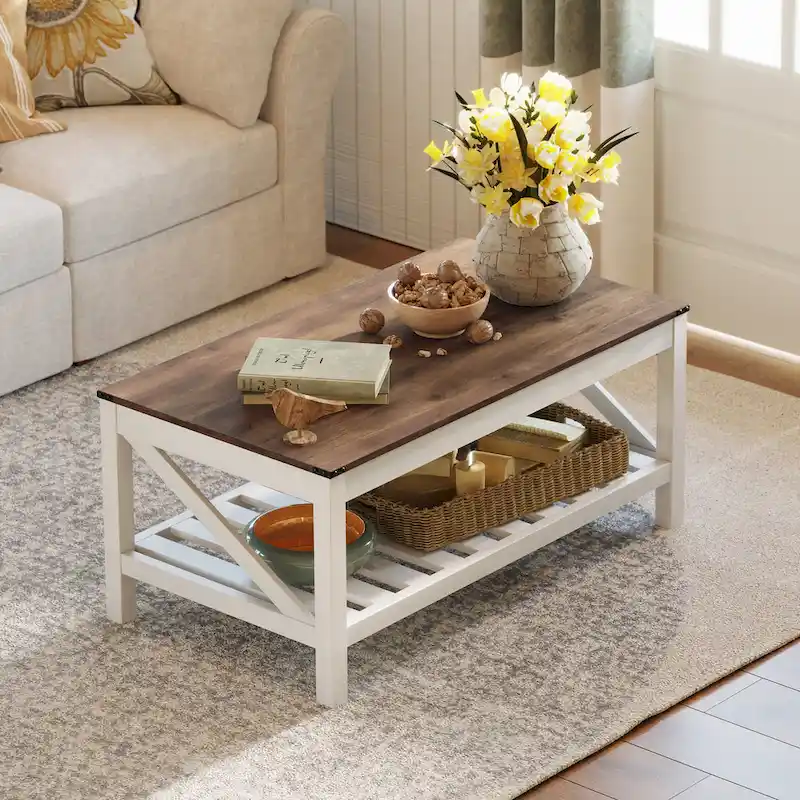 2-Tier Coffee Table Center Table Tea Table with Storage Shelf
