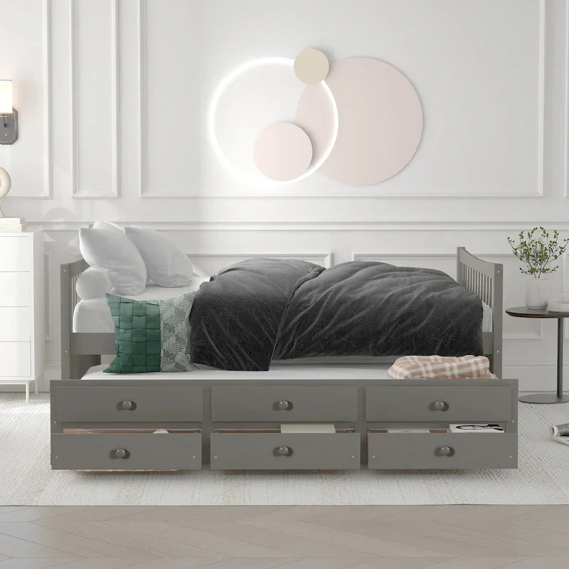 Grey/White Full/Twin Daybed with Trundle & 3 Drawers, Sleeps 2